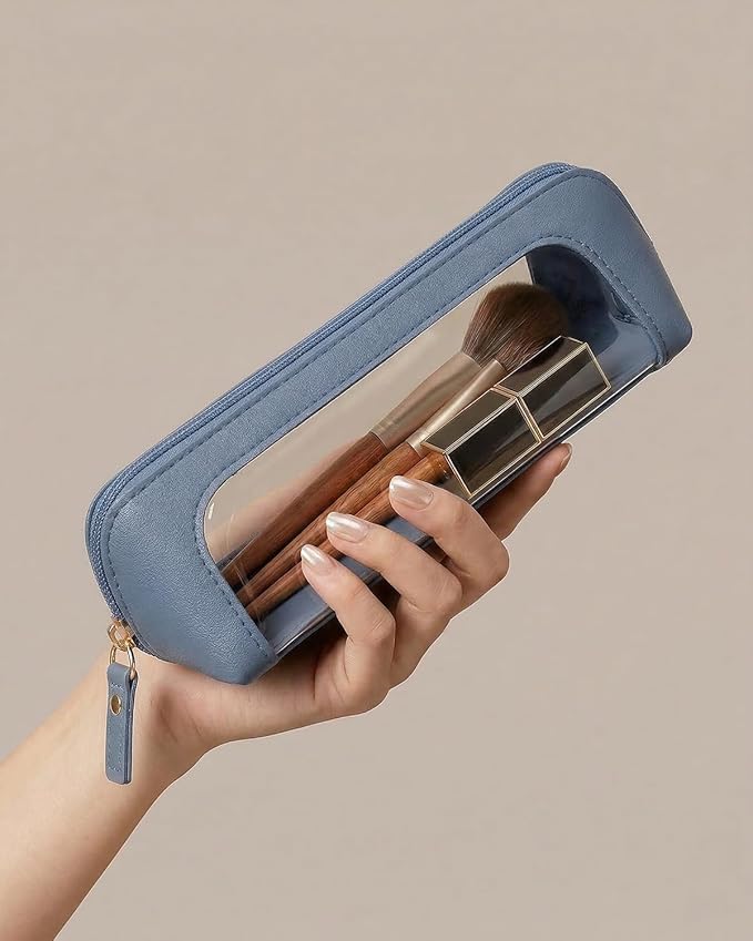 LETGO Clear Makeup Brush Bag Pouch, Waterproof PU Leather Portable Makeup Bag Holder with Transparent Window, Travel Lipstick Case Pouch Car Organizer and Storage (Slim, Blue)