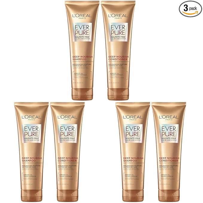 L'Oreal Paris Sulfate Free Shampoo and Conditioner for Dry Hair,Triple Action Hydration for Dry,Brittle or Color Treated Hair,Apricot Oil Infused-Hair Care,EverPure,8.5 Fl Oz,Set of 2,(Pack of 3)