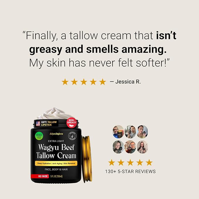 Non-Greasy Beef Tallow for Skin & Beef Tallow Lip Balm 5OZ Shea Butter, Vitamin E, Whipped Grass Fed Beef Tallow for Face Moisturizer Cream, Lotion for Women & Men, Anti-Aging Face Moisturizer