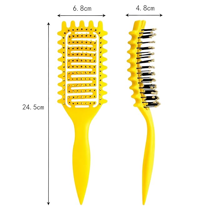 Curl Defining Brush for Curly Hair, Vented Detangling Hair Brush for Wet and Dry Styling, Curved Brush for Shaping and Smoothing Curl Clumps, Lightweight Hair Brush （Yellow）