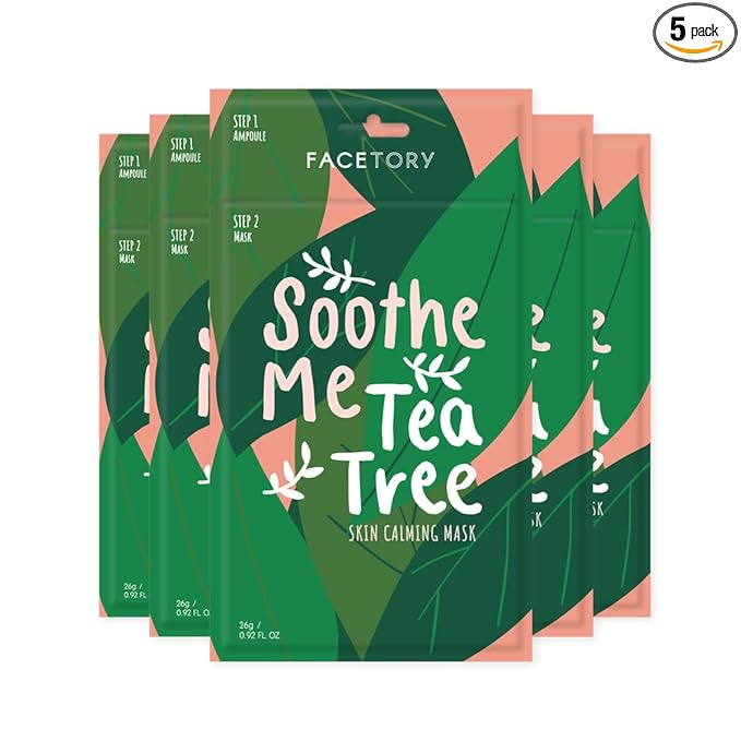 FACETORY K Beauty Face Mask Skin Care - Soothe Me Tea Tree 2-Step Sheet Mask with Tea Tree Extract & Chamomile + Soothing Ampoule | Skin Calming, Acne Clearing (5 Pack)