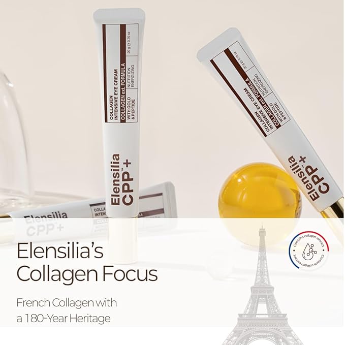 Elensilia 80% Collagen With Gold Peptides Eye Cream - Snail Secretion Filtrate + Matrixyl 3000 + Haloxyl For Wrinkles, Moisturizer - Korean Skin Care, 0.7 fl.oz (Pack of 1)