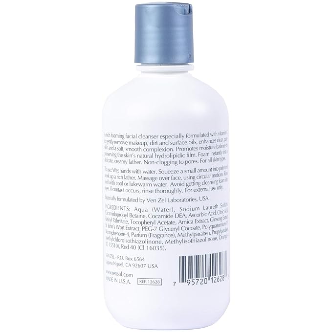 REXSOL Vitamin C Foaming Gel Face Wash | Anti-Aging Cleanser for Sensitive Skin | Natural Daily Facial Cleanser with Vitamins A & E - 8.1 OZ
