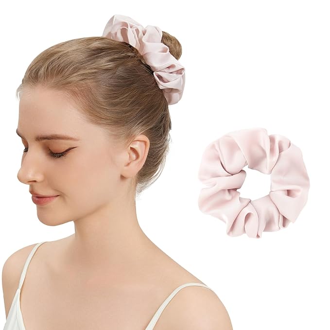 Silk Hair Scrunchies for Women, 100% Mulberry Silk Hair Ties, No Damage for Curly Hair, Large Scrunchie for Sleep, 1-Pack, Light Pink, L