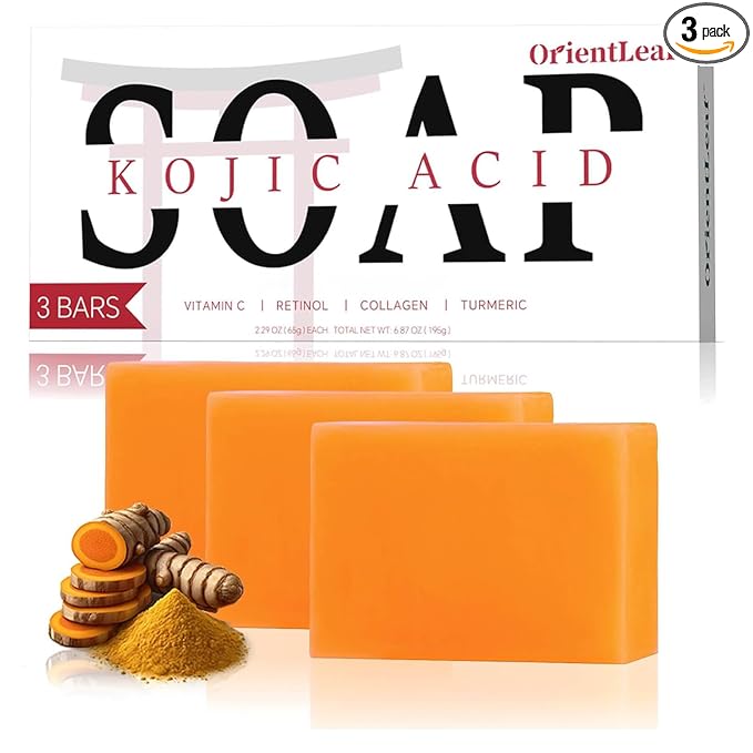 ORIENTLEAF Kojic Acid Soap, Turmeric Soap Bar for Dark Spots, Fresh Citrus Scent, Gentle for Face and Body Wash with Vitamin C, Shea Butter, Retinol, Gifts for Women (3 PACK)