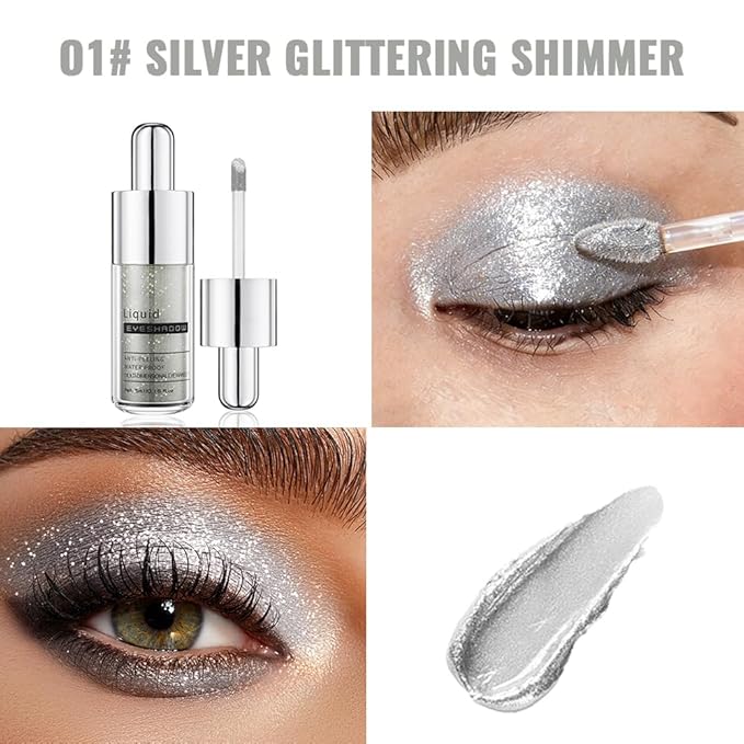 Silver White Shimmer Liquid Eyeshadow, High Pigment Blendable Eye Shadow Makeup for Older Women, Long Lasting Lightweight Travel Friendly, Suitable for All Eye Shapes, Metallic Glitter Finish 01#