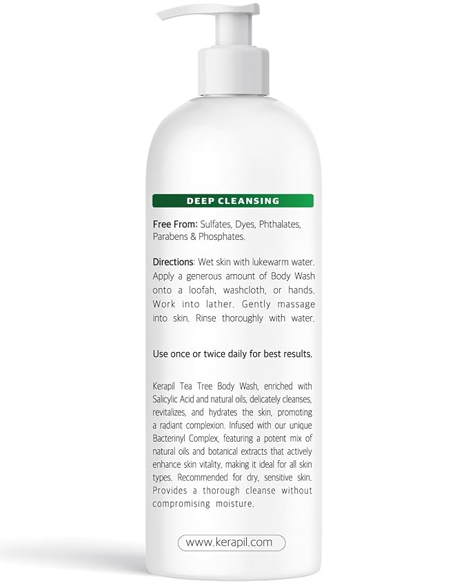 KERAPIL Bacterinyl Tea Tree Oil Body Wash - Antibacterial & Antifungal Support for Ringworm, Body Odors, Athlete’s Foot & Acne, Helps Soothe Itchy, Dry Skin - Made in USA (16 fl oz x 2)