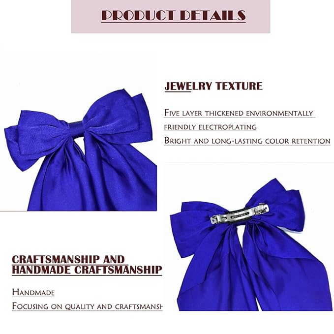 Silky Satin Oversized Long-tail Bow Clip, Large Blue Hair Bow for Women Girl, Hair Accessories with Long Tail, 1Pcs Blue