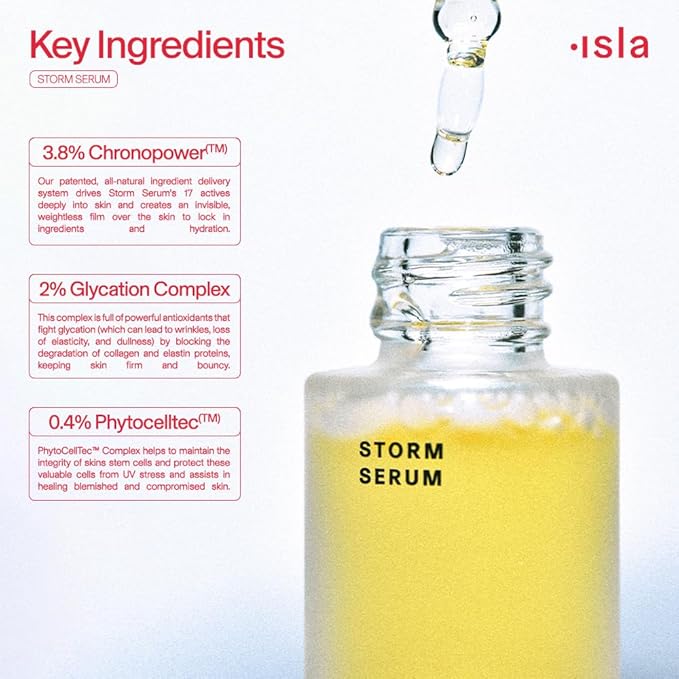 ISLA Storm Serum Firming Hydration Treatment, Improves Skin Firmness, Reduces Visible Fine Lines & Calms Redness, Chronopower, Glycation Complex & Phytocelltec, Made in Switzerland, 1.01 fl oz