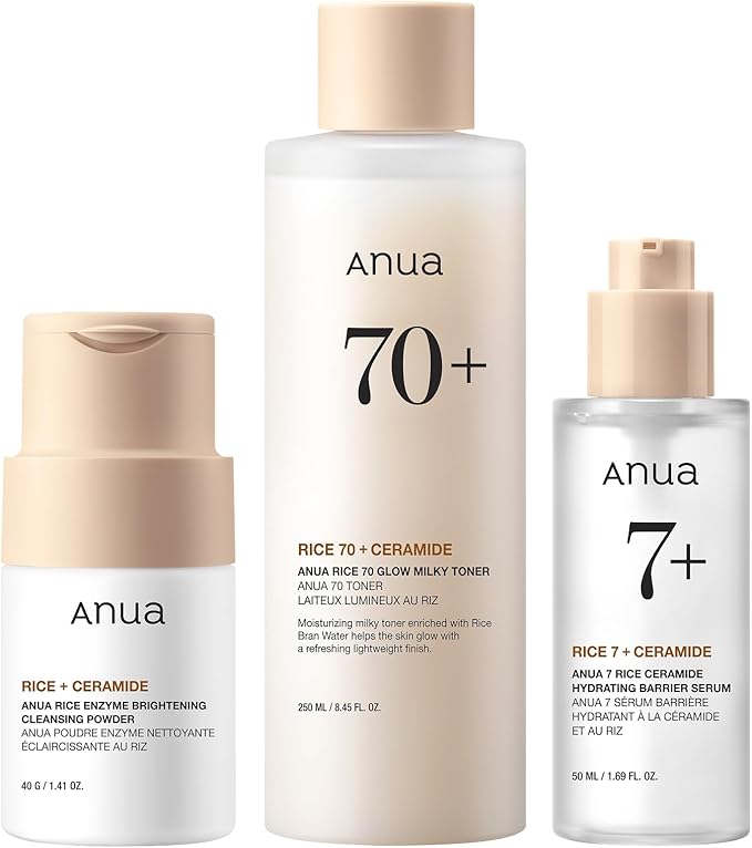 Anua Rice Skin Care Set – Rice Cleansing Powder Face Wash, Korean Milky Toner & Hydrating Serum with Ceramide, Hyaluronic Acid, Brightening for a Glass Skin Look, Non-Comedogenic, Korean Skincare