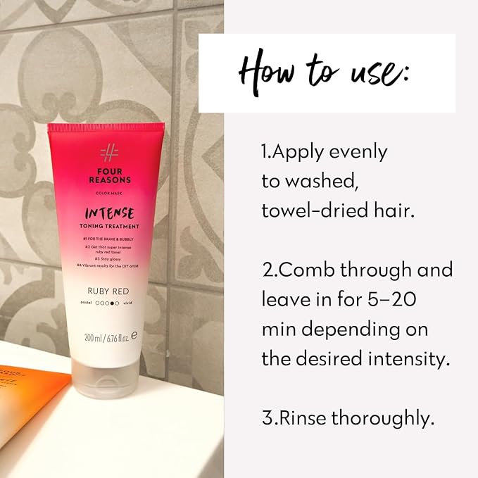 FOUR REASONS Color Mask INTENSE Ruby Red (27 shades) - Semi Permanent Red Hair Dye for Lightened and Colored Hair, - Intensive Toning Treatment, 100% Vegan Conditioner - Cruelty Free, 6.76 fl oz