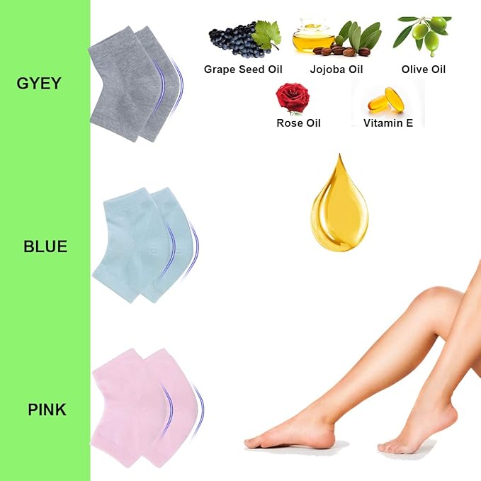 Vented Moisturizing Gel Heel Socks, 3 Pairs Toeless Spa Sock for Foot Care Treatment, Cracked Heels, Dry Feet, Foot Calluses (Gray, Green, Pink)
