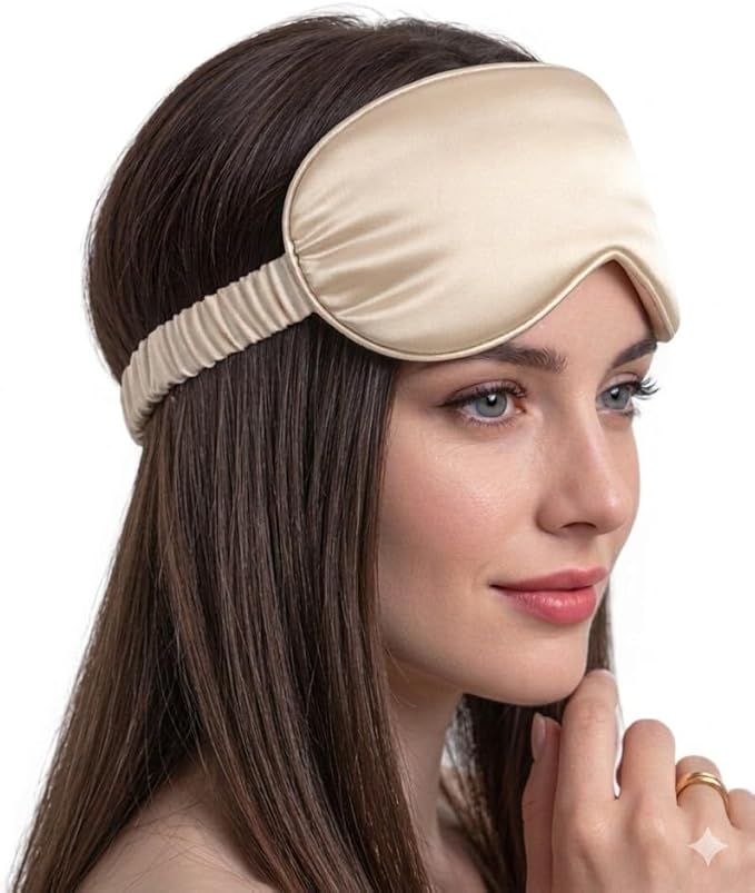 [3 Pack] QSYW Sleep Masks, Satin Eye Mask for Sleeping - Silky Eye Masks Bulk with Storage Bag & Elastic Strap,Beige