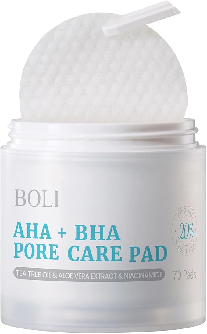 BOLI Cleansing Toner Pads, Salicylic Acid Mild Exfoliating Facial Pads, Pore Reducing with Tea Tree Oil, Niacinamide, Wihch Hazel (70 Units)