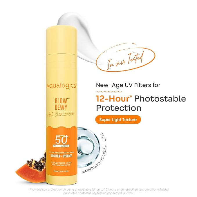 Aqualogica Glow+ Dewy Face Sunscreen with SPF 50+ & PA+++ | Blue Light Protection & No White Cast | Helps Give Glowing Skin with Papaya & Vitamin C | 1.76 Oz/50g