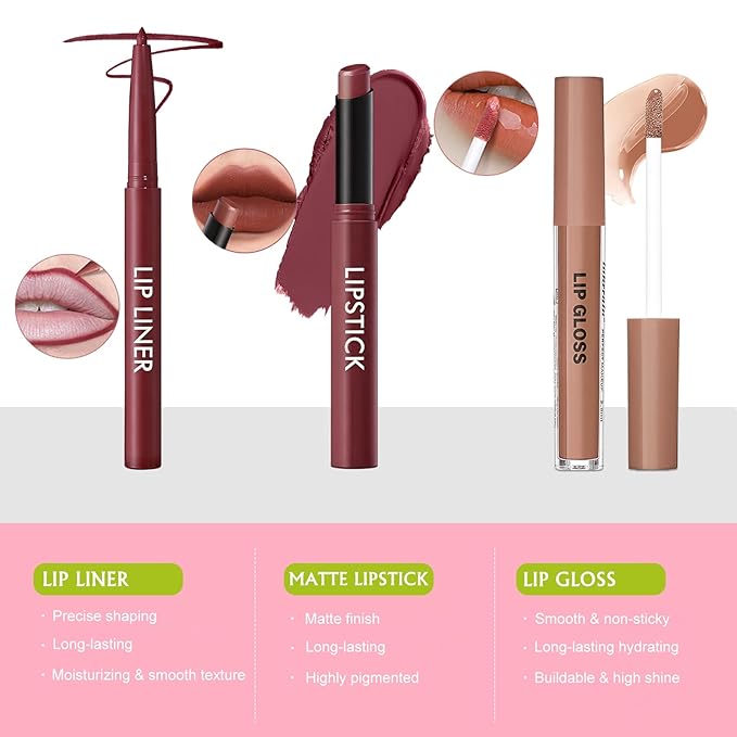 Lip Kit - Creamy Lip Liner Pencil Matte Lipstick Nude Lip Gloss Nourishing Lip Combo Sets for Women, High Pigment Moisturizing Lightweight Long Wear Lip Liner and Gloss Set for Daily/Party