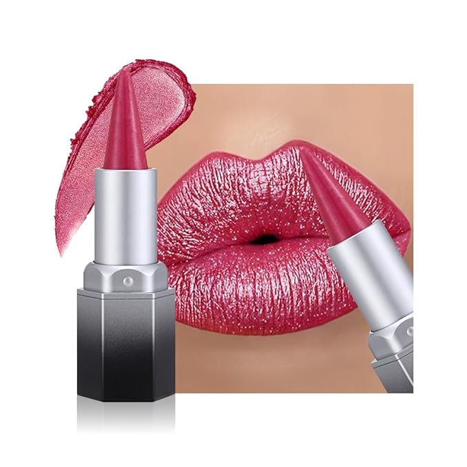 evpct Rose Red Shimmery Metallic Lip Liner and Lipstick Combo, Cone Tip Lip Crayon for Women Long Lasting Waterproof, Shinny Hydrating Lipstick Makeup, Glitter Lips Liner Pencil for Shimmery Shade