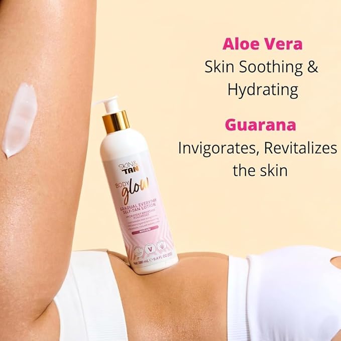SKIN & TAN Body Glow Blush Gradual Tan Lotion - Peach Scent, Illuminating Shimmer Tint, Moisturizing Formula for Natural Looking Sunless Tanner 9.8 oz
