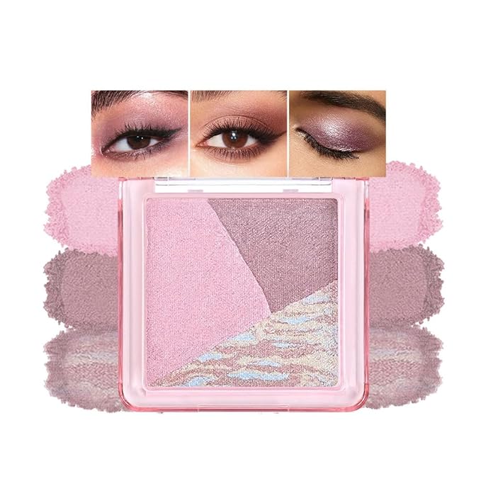Pink Purple Shimmer Baked Eyeshadow Palette, 3 Color High Pigment Blendable Eye Shadow Makeup for Older Women, Travel Mini Palette Suitable for All Eye Shapes, Vegan & Cruelty-Free Soft Glam Look 04#