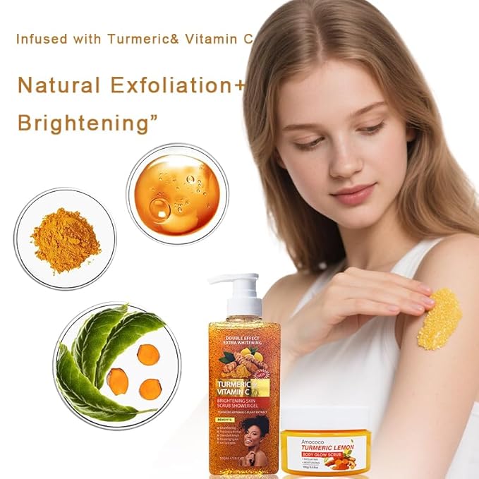 Body Scrub and Body Wash Set with Vitamin C, Turmeric & Lemon, 2-Pack Exfoliating Body Polish and Moisturizing Shower Gel for Smooth Skin, 16.9 fl oz & 3.53 oz