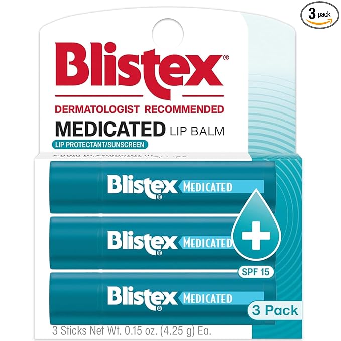 Blistex Medicated Lip Balm, 0.15 Ounce, 3 Count (Pack of 1) Prevent Dryness & Chapping, SPF 15 Sun Protection, Seals in Moisture, Hydrating Lip Balm, Easy Glide Formula for Full Coverage