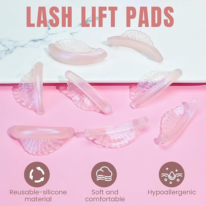 Libeauty Lash Lift Shields Shell Shape, Lash Lift Rods 16 Pcs/8 Sizes, Lash Lift Pads for Eyelash Curling and Lifting, Reusable Silicone Pads for Eyelash Perm Pink