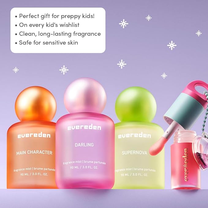Evereden Kids Fragrance Gift Set – 3 Hair & Body Mists + Tinted Lip Oil | Clean, Vegan, Non-Toxic Scents for Girls & Teens | Fun Self-Care Gift Box with Aesthetic Collectible Bottles