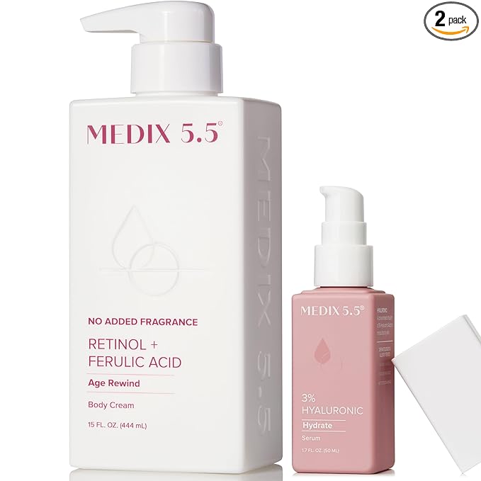 MEDIX Fragrance Free Firming Retinol Body Lotion + 3% Hyaluronic Acid Serum Booster 2pc Skin Care Set | Crepey Skin Care Treatment | Anti Aging Body Cream & Face Moisturizer For Crepe Skin & Dry Skin