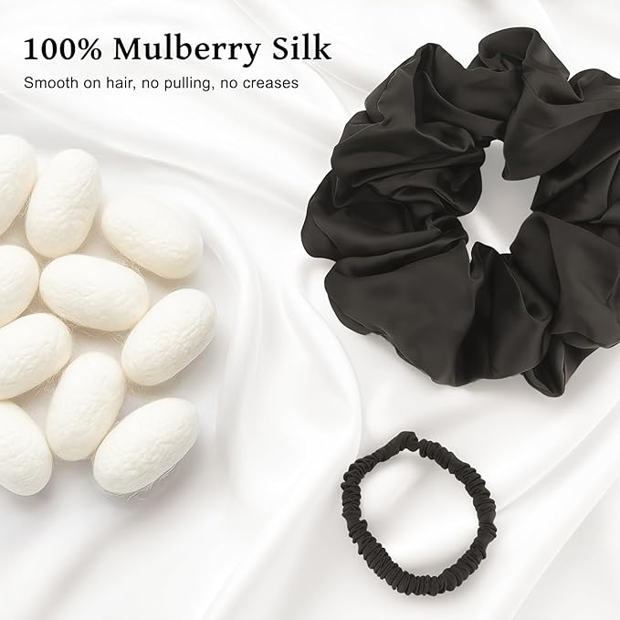6PCS 100% Mulberry Silk Scrunchies Set, 2 Large and 4 Thin Silk Hair Ties for Women, No Damage Hair Accessories, Black Pink Champagne