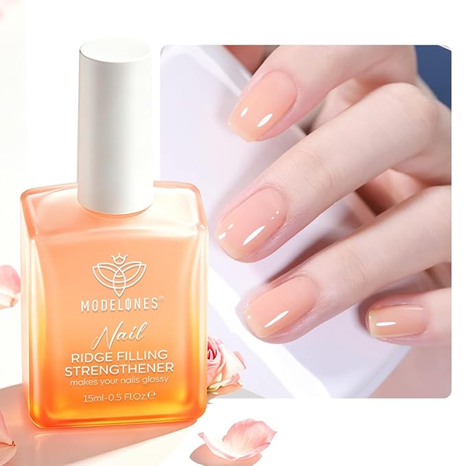 modelones Nail Strengthener and Growth, Nude Apricot Nail Polish No Harsh Smell Repair for Damaged Thin Nails Hardener Extra Strong Treatment for Women Nail Care Natural Ridge Filler Concealer 15 ML