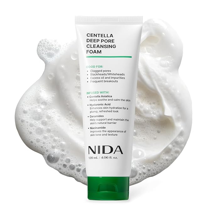 NIDA Centella Deep Pore Cleansing Foam | Centella Asiatica, Hyaluronic Acid, Ceramides, Niacinamide | Clogged Pores, Blackheads/Whiteheads, Good for Impurities & Breakouts | 4.06 oz., 120ml