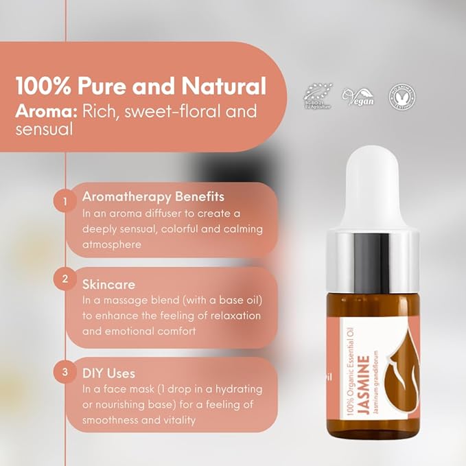 Essences Bulgaria Jasmine Essential Oil 3ml (0.1 Fl Oz) | Jasminum grandiflorum | 100% Pure, Natural, Undiluted | Aromatherapy, Cosmetics | Vegan, Non-GMO, Cruelty-Free