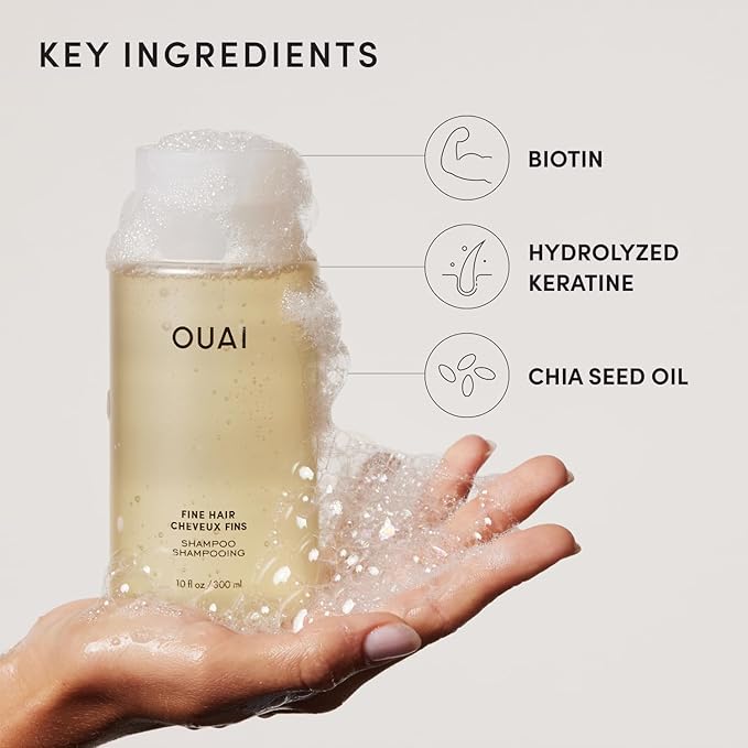OUAI Fine Hair Shampoo - Biotin Thickening Shampoo for Flat, Thin Hair - Volumizing & Strengthening Keratin & Chia Seed Oil for Women & Men - Lightweight, Color-Safe, Sulfate Free, 10 Oz