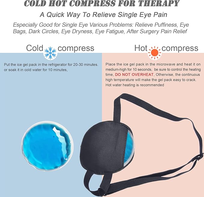 Cooling Eye Patches for Puffy Eyes, Pure Silk Ice Eye Patch, Single Eye Mask, Medical One Eye Cover Cold Hot Therapy Strabismus Lazy Eyes After Surgery Adult Kid Pirate Eyepatch (Black & Black)