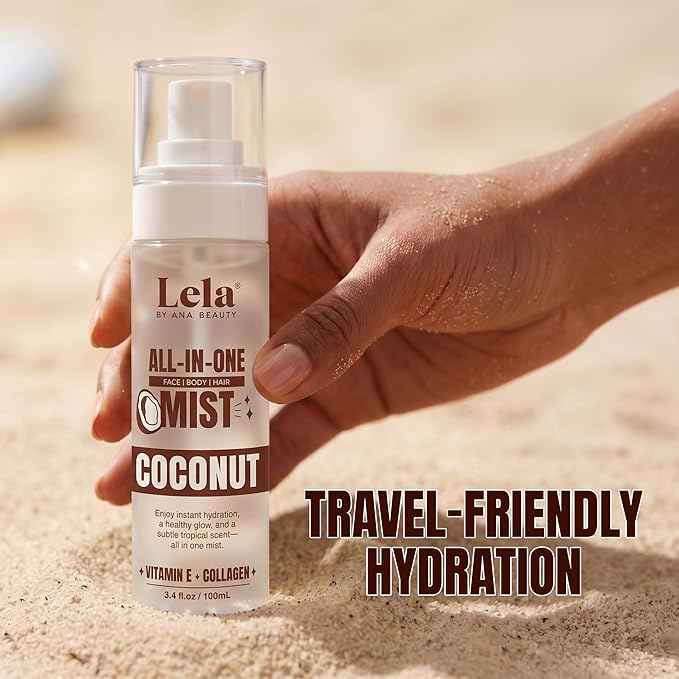Lela Beauty All-In-One Coconut Mist Hydrating Face, Body & Hair Spray with Vitamin E & Collagen- Lightweight Travel Size Formula with Cooling Facial Mist for Glow & Refreshed Skin - 3.4fl oz
