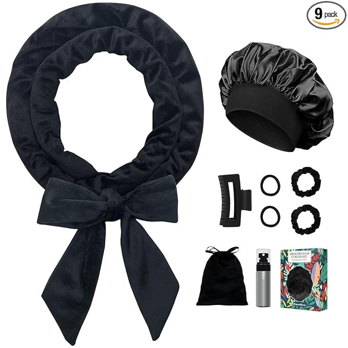Gwabee No Heat Hair Curlers Overnight Curls Headband - 70" Soft Ribbon Curl Wrap for Long Hair, 9 PCS Curling Rod Set with Bonnet - Black