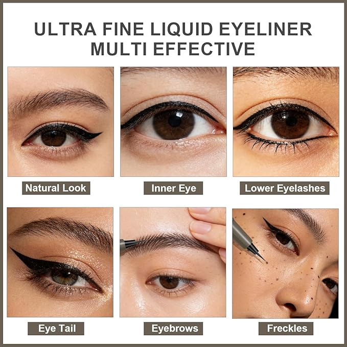 Ultra Fine Liquid Eyeliner Pen, Slim Precision Tip for Winged & Inner Corner Lines, Waterproof Smudge-Proof Quick-Drying, Long-Lasting All-Day Smooth Lightweight Light Dark Brown Eyeliner（2pcs）