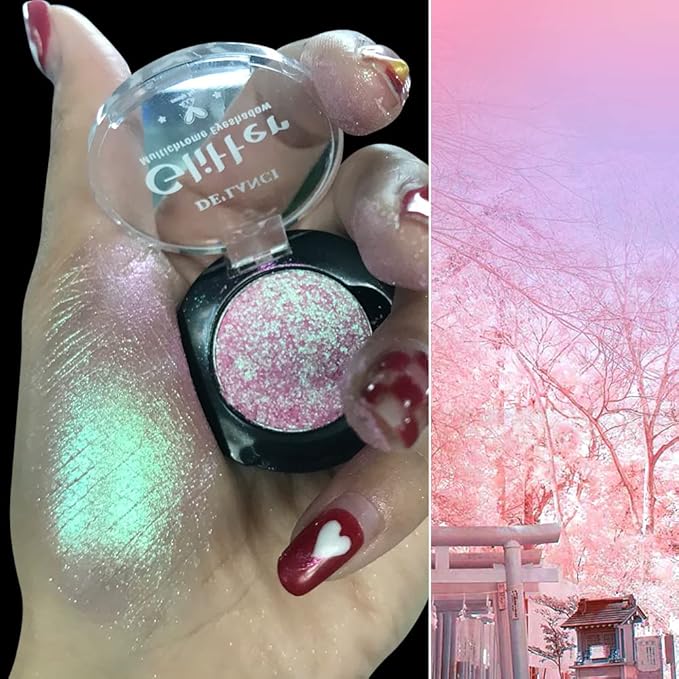 Pink Green Glitter Eyeshadow, High Pigment Sparkle Duo Chrome Eyeshadow with Intense Color Shifting Pink to Green,Smooth Long Last Mineral Chameleon Multichrome Eye Shadow for Eye Glitters/Highlighter