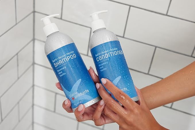Plaine Products Eco-Friendly Shampoo and Conditioner - Rosemary, Mint, Vanilla - Sulfate Free, 16 oz (Refillable Bottles with Pumps)