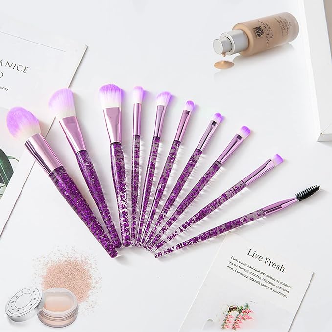 Makeup Brush Set 10 PCS Stylish Glitter Handle Makeup Brushes Professional Face Powder Foundation Blending Blush Eye Shadow Eyeliner Lip Cosmetic Brushes With Transparent bag(Purple)