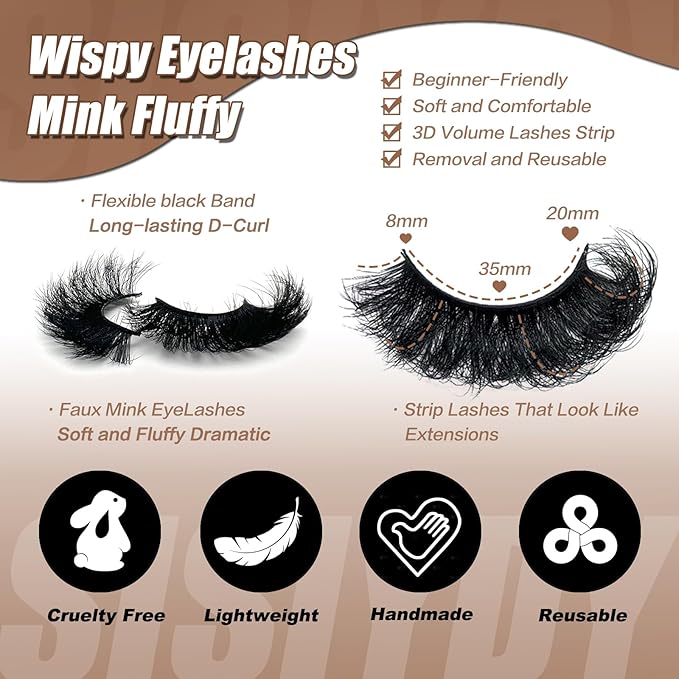 Mink Lashes Fluffy Dramatic Thick Volume Eyelashes Strips 3D 20mm 25mm Big Long Cat Eye Full Strips Lashes Faux Mink Eyelashes Multipack 20 Pairs Fake Lash Strip Pack YH305