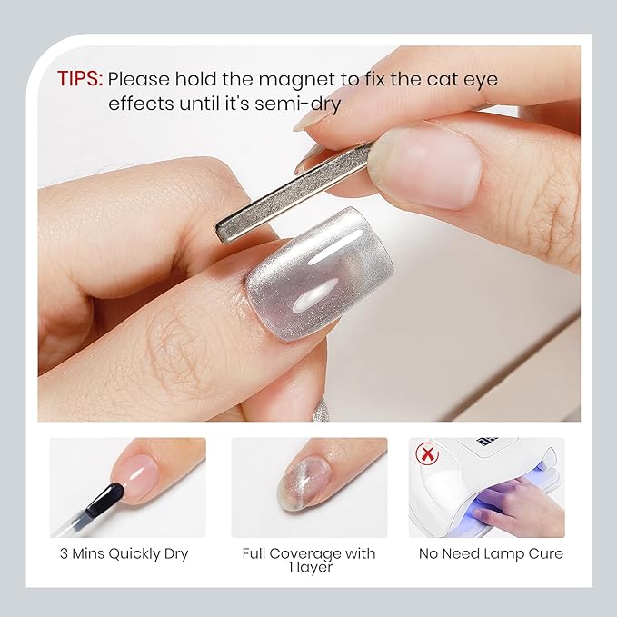 Silver Cat Eye Nail Polish Non Gel Quick Dry Glitter Magntic Nail Polish Cats Eye Toe Fingernail Air Drying Fast Lacquer Manicure Gift For Women Girls 16ml, 0.54fl oz