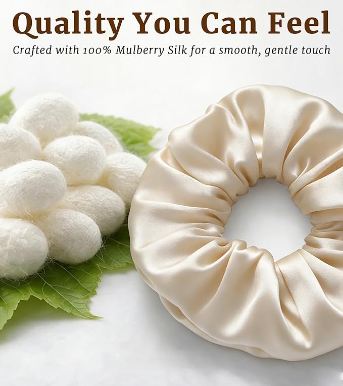 30 Momme 100% Mulberry Silk Scrunchies for Women and Girls, Oversized XL Hair Tie for Sleeping, Soft Smooth for No Damage Hair Care Sleeping (Beige)