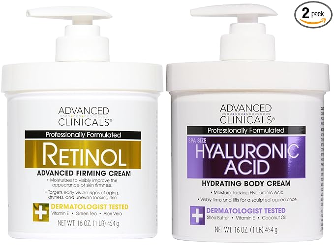 Advanced Clinicals Retinol Body Cream + Hyaluronic Acid Moisturizer 2pc Skincare Set | Face Cream & Body Lotion For Women & Men Helps Improve Appearance Of Crepey Skin, Dry Skin, & Wrinkles, 2pc