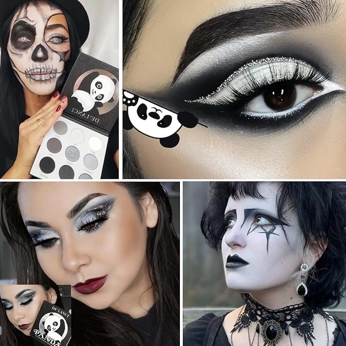 Afflano Goth Eyeshadow Palette Grey Black White Silver, Blendable Smokey Eye Eyeshadow for SFX Skull Goth Look Halloween Makeup Palette, Long Lasting Dark Gothic Eye Shadow Pallet - Panda