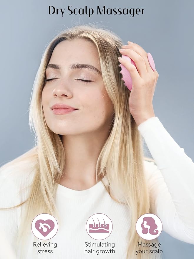 HEETA Scalp Massager Hair Growth, Soft Silicone Scalp Scrubber Shampoo Brush for Exfoliation, Dandruff Removal & Head Massage Stress Relax, Wet & Dry Use for Thick, Thin Hair Care, Wheat Straw Pink