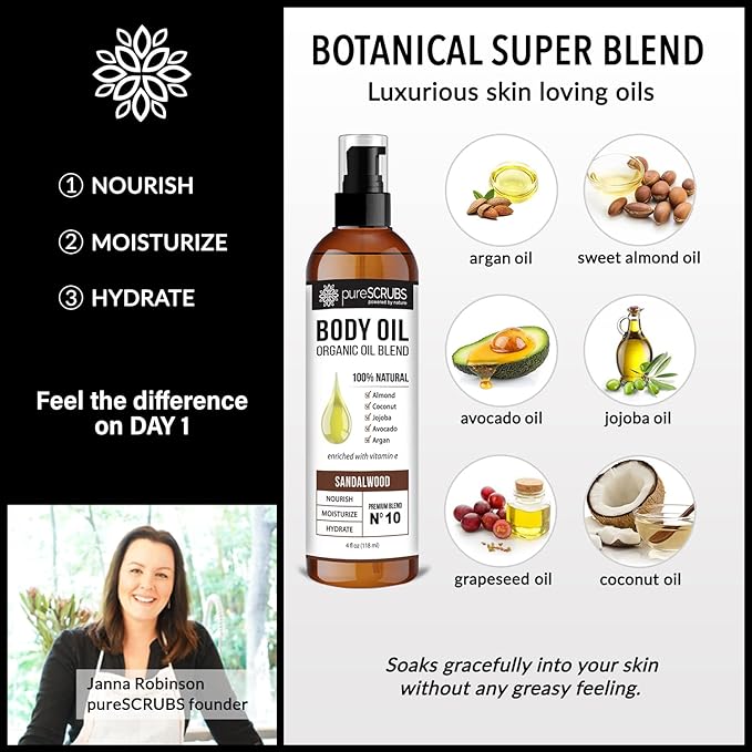 pureSCRUBS Ultra Moisturizing Sandalwood Body Oil Spray for Dry Skin, Massage, Cuticles & More, Organic Blend of Jojoba, Argan, Coconut, Sweet Almond & Avocado Oils Enriched with Vitamin E, Lg 4oz