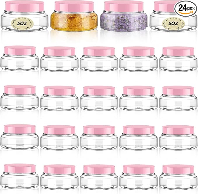 Tessco for you 24 Pack Plastic Jars with Lids Labels Multiuse Slime Containers Empty Body Scrub Jars Round Refillable Cosmetic Body Butter Container for Makeup (5 oz,Clear,Pink)