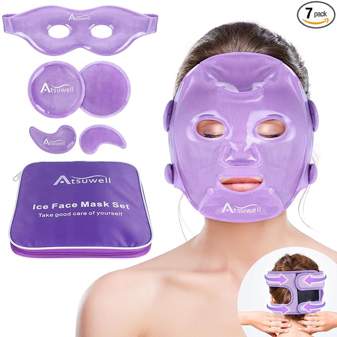 Atsuwell Cooling Ice Face Eye Mask Set for Dark Circles and Puffiness, 6 Gel Cold Packs for Face, Eyes, Soft Plush Lining Ice Pads Cold Compress, Relaxation, Cool Bag Included
