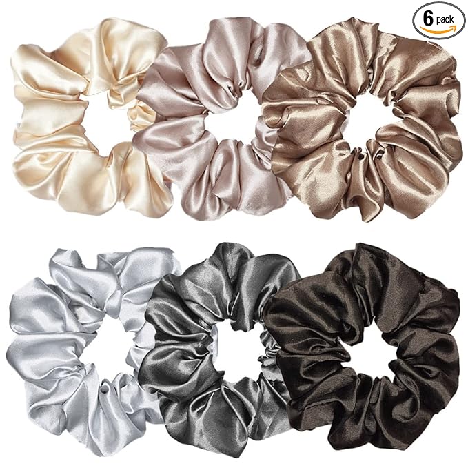 Sufermoe 6 Pcs Satin Silk Hair Scrunchies, Soft Hair Ties for Women and Girls, 6 Classic Colors, 4.5 Inch, Metallic color